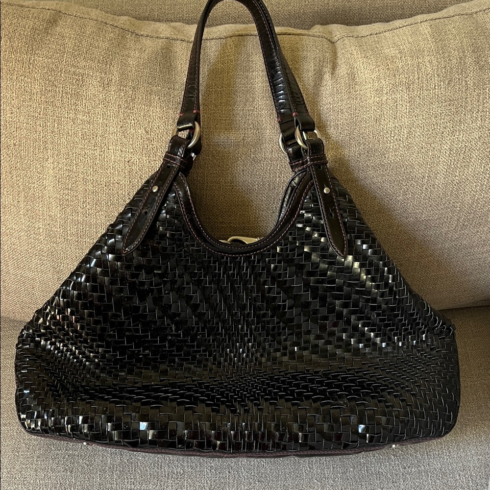 Cole Haan Genevieve Patent Black Woven Shoulder Bag with Plum Stitching - Picture 3 of 12